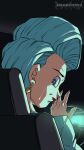  1girl absurdres artist_name blue_eyes blue_hair bulma car_interior commentary crying dragon_ball dragon_ball_gt english_commentary highres kinzokumatto lipstick makeup mature_female red_lips short_hair sitting solo steering_wheel streaming_tears tears watermark 