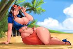  1girl absurdres beach black_hair blue_eyes blue_footwear blue_sky blurry blurry_background breasts cleavage cloud crop_top curvy day eyewear_on_head feet full_body gav high_heels highres large_breasts legs long_hair lying navel nico_robin no_panties ocean on_side one_piece outdoors palm_tree parted_lips sarong shiny_skin short_sleeves signature sky solo sunglasses thick_thighs thighs tree very_long_hair wide_hips 