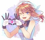  1girl ;d ayan_ip bandana bare_arms blue_bandana blue_eyes blue_shirt brown_hair collared_shirt commentary eyelashes floating_hair gloves hands_up happy heart heart_hands highres may_(pokemon) one_eye_closed open_mouth pokemon pokemon_adventures shirt sleeveless sleeveless_shirt smile solo symbol-only_commentary teeth tongue upper_body white_gloves 