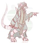  2019 anthro brown_hair clothing dagger digitigrade dreadlocks fur gesture hair jewelry long_tail male mammal melee_weapon murid murine necklace nicopossum pointing ragged_clothing rat rathew_(bomba) rodent scarf simple_background skaven skull_necklace solo tail warhammer_(franchise) weapon 