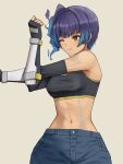  1girl black_sports_bra blue_hair blunt_bangs breasts brown_eyes closed_mouth commentary_request crop_top denim denim_shorts fiery_hair fingerless_gloves gloves glowing_lines highres navel one_eye_closed oyasu_(kinakoyamamori) revision sena_(xenoblade) short_hair shorts shoulder_strap side_ponytail small_breasts smile solo sports_bra stretching xenoblade_chronicles_(series) xenoblade_chronicles_3 