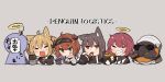  4girls :q ahoge amonitto animal_ears arknights bird black_gloves black_tank_top brown_eyes brown_hair cigar closed_eyes commentary_request croissant_(arknights) cropped_torso detached_ahoge exusiai_(arknights) fingerless_gloves food food_in_mouth gloves green_eyes grin hair_ribbon halo highres holding holding_food horns jewelry lungmen_dollar microphone mouth_hold multiple_girls necklace necktie open_mouth penguin penguin_logistics_(arknights) pocky pocky_in_mouth red_hair red_necktie red_ribbon ribbon shirt smile sora_(arknights) sunglasses tank_top texas_(arknights) the_emperor_(arknights) tongue tongue_out translated two_side_up white_shirt 