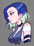  1girl absurdres bare_shoulders blue_hair bob_cut brown_eyes crop_top green_hair grey_background highres kaatokun multicolored_hair off-shoulder_shirt off_shoulder perrin_(pokemon) pokemon pokemon_(game) pokemon_sv shirt short_hair short_sleeves simple_background smile solo 