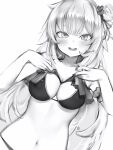  1girl :d absurdres akai_haato bikini blunt_bangs blush breasts cleavage collarbone greyscale hair_between_eyes hair_ornament hands_on_own_chest heart heart_hair_ornament highres hololive long_hair looking_at_viewer medium_breasts monochrome nanashi_(nlo) navel one_side_up open_mouth simple_background smile solo stomach swimsuit virtual_youtuber 