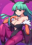  1girl bare_shoulders bat_wings black_footwear black_leotard boots breasts bridal_gauntlets cleavage closed_mouth collarbone commentary covered_navel feet_out_of_frame green_eyes green_hair hand_up head_wings highres knee_up large_breasts leotard long_hair looking_at_viewer morrigan_aensland pantyhose parted_bangs pink_background purple_background purple_pantyhose purple_wings smile solo two-tone_background umenodo vampire_(game) very_long_hair wings 