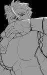  1boy animal_ears bara bodysuit cat_boy cat_ears covering_mouth empty_eyes from_below glaring gloves greyscale hair_between_eyes hair_strand hand_over_own_mouth highres kansuke_(kansuke_717) large_pectorals live_a_hero long_sideburns looking_at_viewer male_focus mature_male monochrome muscular muscular_male pectorals short_hair sideburns solo thick_eyebrows tsuneaki_(live_a_hero) upper_body 