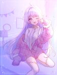  1girl absurdres ahoge blush conika_laurel cosmonoah highres jacket long_hair nogikawa one_eye_closed open_clothes open_jacket open_mouth pastel_colors plaid plaid_jacket purple_eyes purple_hair shirt solo thighhighs virtual_youtuber waking_up white_shirt white_thighhighs 