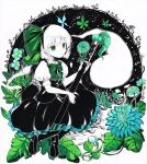 1girl black_footwear black_jacket black_skirt bow bowtie closed_mouth commentary_request flower full_body ghost green_bow green_bowtie green_eyes green_flower jacket konpaku_youmu konpaku_youmu_(ghost) looking_at_viewer puffy_short_sleeves puffy_sleeves shirt short_hair short_sleeves skirt solo torajirou_(toraneko_zirou) touhou white_hair white_shirt 
