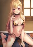  1girl bikini black_bikini black_choker blonde_hair blush bracelet breasts choker collarbone commentary_request ear_piercing earrings floral_print gradient_hair highres industrial_piercing jewelry kitagawa_marin long_hair looking_at_viewer medium_breasts multicolored_hair navel necklace okotte-neko piercing pink_hair red_eyes red_nails ring side-tie_bikini_bottom smile solo sono_bisque_doll_wa_koi_wo_suru string_bikini swept_bangs swimsuit window 