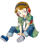  1boy blue_footwear blue_pants blush brown_eyes brown_hair denim fingernails green_jacket headphones imada_kanchi itsuki_kuro jacket jeans male_child male_focus open_mouth pants shirt short_sleeves sitting solo teeth upper_teeth_only white_shirt youkai_watch 