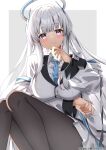  1girl absurdres black_pantyhose blue_archive blue_necktie blush border breasts feet_out_of_frame formal grey_eyes grey_hair halo hand_on_own_chin highres jacket knees_together_feet_apart knees_up legs long_hair looking_at_viewer mechanical_halo medium_breasts necktie noa_(blue_archive) pantyhose sidelocks skirt solo suit two-sided_fabric two-sided_jacket white_border white_hair white_jacket white_skirt white_suit yamano_rokamizu 