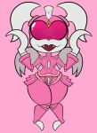  alien armor claws cybernetics cyborg fangs fatalafterdark female girly_galrin happy hi_res kaiju machine pink_armor pink_background pink_sclera simple_background solo teeth visor wings young 