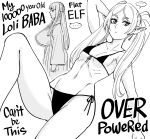  ... :&lt; absurdres arms_behind_head bb_(baalbuddy) bikini breasts dangle_earrings earrings elf english_commentary english_text fern_(sousou_no_frieren) frieren from_side greyscale groin highres jewelry knees_up large_breasts long_hair long_sleeves looking_at_viewer monochrome navel pointy_ears profile ribs side-tie_bikini_bottom small_breasts sousou_no_frieren speech_bubble spoken_ellipsis swimsuit thighs twintails wide_sleeves 