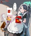  2girls absurdres animal_ear_headphones animal_ears apron aris_(blue_archive) aris_(maid)_(blue_archive) arms_up awesomeerix bag_of_chips black_dress black_hair blonde_hair blue_archive blue_eyes blush breasts cat_ear_headphones cat_tail chips_(food) doritos dress eating fake_animal_ears food halo headphones highres jacket long_hair long_sleeves maid_headdress momoi_(blue_archive) multiple_girls pantyhose parted_bangs ponytail puffy_short_sleeves puffy_sleeves short_sleeves sidelocks small_breasts table table_flip tail thighs very_long_hair white_apron white_jacket white_pantyhose wristband 