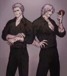  2boys black_pants black_shirt blood blood_on_clothes blood_on_face brothers collared_shirt dante_(devil_may_cry) dbox_2525 devil_may_cry_(series) devil_may_cry_5 flower hand_on_own_hip highres holding holding_flower male_focus multiple_boys muscular muscular_male pants red_flower red_rose rose shirt short_hair siblings simple_background vergil_(devil_may_cry) white_hair 