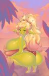  big_breasts big_butt blonde_hair blush blush_lines breasts butt clothing crouching female goblin green_body green_skin hair hi_res huge_breasts huge_butt humanoid humanoid_pointy_ears hyper hyper_breasts multicolored_hair pincerpencil pink_eyes pink_hair side_boob smile solo 