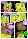  anthro clothed clothing dialogue duo glowing glowing_eyes hi_res male marine nickelodeon on_model pancaketiffy sea_sponge spanish_text speech_bubble spongebob_squarepants spongebob_squarepants_(character) suit text toony 