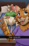  anthro clothed clothing dialogue diaper diaper_change diaper_fetish diaperdork digital_media_(artwork) domestic_cat duo english_text felid feline felis female hi_res infantilism male male/female mammal mouse murid murine rodent selfie smile text wearing_diaper 