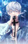  1boy bishounen black_choker blue_eyes blurry blurry_background chain choker dalya_png debwi_mos_hamyeon_jugneun_byeong_geollim earphones glint highres idol looking_at_viewer male_focus park_moondae solo sparkle upper_body white_hair 