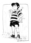  1boy 5saiji backpack bag baseball_bat baseball_cap beetle bug burger food full_body greyscale hand_on_own_hip hat highres holding holding_food male_focus monochrome mother_(game) mother_2 mushroom ness_(mother_2) shirt shoes short_sleeves shorts sneakers socks solo standing striped striped_shirt 