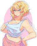  1girl absurdres androgyne_symbol blonde_hair blush breasts bridget_(guilty_gear) cleavage closed_mouth collarbone crop_top green_eyes guilty_gear guilty_gear_strive hair_ornament highres large_breasts navel short_hair sideboob solo supacreamss sweat 