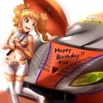  1girl blue_eyes boots breasts brown_hair car cleavage_cutout clothing_cutout heart_cutout holding holding_umbrella idolmaster idolmaster_(classic) leaning_to_the_side lotus_(brand) lotus_evora midriff motor_vehicle navel open_mouth panties race_queen race_vehicle racecar shorts small_breasts smile solo star_(symbol) super_gt takatsuki_yayoi thigh_boots twintails umbrella underwear white_footwear white_shorts yanparap 