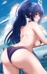  1girl absurdres ass azur_lane bare_shoulders battleship beach bikini blue_bikini blue_hair breasts choker closed_mouth cowboy_shot day from_behind high_ponytail highres large_breasts long_hair looking_at_viewer looking_back military military_vehicle new_jersey_(azur_lane) new_jersey_(midsummer_leisure)_(azur_lane) official_alternate_costume outdoors riflech ship signature smile string_bikini swimsuit thighs underboob very_long_hair warship watercraft 