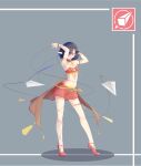  1girl armlet belt_pouch black_hair blue_eyes choker crop_top full_body grey_background hair_over_one_eye highres kearful miniskirt original pointy_ears potion pouch red_choker red_skirt short_hair simple_background skirt string triangle vial weapon_request 