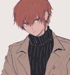 1boy black_shirt blue_lock brown_jacket closed_mouth commentary_request grey_background highres jacket kurona_ranze looking_at_viewer mageuchi5486 male_focus red_eyes red_hair shirt short_hair simple_background sketch solo turtleneck upper_body 