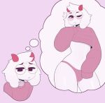 anthro boss_monster bovid caprine clothed clothing crop_top crossdressing deltarune exqmaster eyewear fur girly glasses goat male mammal midriff one_eye_closed panties ralsei round_glasses shirt solo sweater thought_bubble topwear undertale undertale_(series) underwear white_body white_fur 