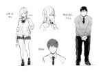  1girl 2boys absurdres black_bow black_bowtie black_necktie black_pants bow bowtie closed_eyes closed_mouth collared_shirt comic_anthurium cropped_torso faceless faceless_male full_body grey_hair grey_skirt gyaru highres holding holding_phone kogal long_hair monochrome multiple_boys multiple_views necktie original pants phone reido1177 school_uniform shirt short_hair simple_background skirt spiked_hair standing sweater white_background white_hair white_shirt 