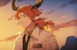  1boy animal_ears antlers arknights black_shirt bright_pupils closed_mouth cloud collared_jacket czerny_(arknights) deer_antlers deer_boy deer_ears earrings jacket jewelry long_hair looking_ahead male_focus mole mole_under_mouth notepad official_alternate_costume open_clothes open_jacket parted_bangs pq rock scarf shirt smile solo sunset upper_body white_jacket white_pupils yellow_scarf 