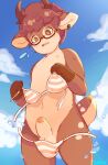  2021 anthro antlers artist_name balls bee_(behamu) behamu bikini bikini_bottom bikini_top brown_body brown_ears brown_eyes brown_fur clothed clothing cloud crossdressing deer digital_media_(artwork) ear_piercing ear_ring eyewear fur genitals glasses gloves_(marking) hair hi_res horn humanoid_genitalia humanoid_penis looking_down male mammal markings multicolored_body multicolored_fur navel nipples open_mouth penis piercing portrait red_hair ring_piercing sky solo sweatdrop_(iconography) swimwear tan_body tan_fur tan_inner_ear tan_spots three-quarter_portrait tongue tuft two_tone_body two_tone_fur two_tone_tail wardrobe_malfunction water 