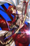  1boy aiming archer_(fate/samurai_remnant) arrow_(projectile) blue_background bow_(weapon) chinese_armor chinese_clothes drawing_bow fate/samurai_remnant fate_(series) grey_hair hanfu highres holding holding_bow_(weapon) holding_weapon multicolored_hair ponytail robe solo streaked_hair user_vjdv7335 vambraces weapon yellow_eyes 