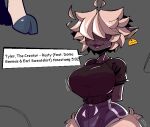  anthro big_breasts bottomwear bovid breasts caprine clothed clothing cloven_hooves dialogue ear_tag female fully_clothed hair hair_over_eyes hooves hotpants mammal sheep shorts small_waist solo speech_bubble thick_thighs white_hair wide_hips xexeezy 