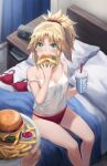  1girl 1other bed blonde_hair blush bra bra_removed braid breasts burger cheese crop_top cup drink drinking_straw eating fate/apocrypha fate_(series) feet_out_of_frame food french_braid french_fries green_eyes highres holding holding_cup holding_drink holding_food indoors ketchup long_hair looking_at_another looking_at_viewer midriff_peek mordred_(fate) mordred_(fate/apocrypha) no_pants off-shoulder_shirt off_shoulder on_bed panties parted_bangs pillow ponytail red_bra red_panties red_scrunchie scrunchie shirt sidelocks sitting small_breasts tonee underwear 