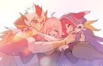  1boy 2girls animal_ears antenna_hair briar_(league_of_legends) clenched_teeth closed_eyes closed_mouth facial_mark fang grey_hair grin hair_between_eyes highres hood hoodie league_of_legends long_hair multicolored_hair multiple_girls open_mouth parted_bangs pink_hair pointy_ears rakan_(league_of_legends) red_hair sidelocks simple_background smile streaked_hair teeth two-tone_hair upper_body vampire whisker_markings white_hair xayah zaket07 