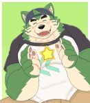  anthro blush canid canine canis clothing domestic_dog eyebrows fur green_body green_fur lifewonders live_a_hero male mammal mokdai overweight shirt smile solo star t-shirt takatoratorao thick_eyebrows topwear 
