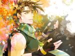  1boy bare_shoulders battle_tendency brown_hair bubble fingerless_gloves gloves green_eyes green_scarf highres jojo_no_kimyou_na_bouken joseph_joestar joseph_joestar_(young) male_focus mikan03260 scarf soap_bubbles solo striped striped_scarf vertical-striped_scarf vertical_stripes 