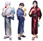  3boys alcohol beer black_footwear black_hair blue_eyes blue_kimono candy_apple closed_mouth commentary cup easthies_(tongari_boushi_no_atelier) facial_hair fireworks_print food full_body glasses grey_kimono hair_over_one_eye highres holding holding_cup holding_food japanese_clothes kimono long_hair long_sleeves looking_at_viewer male_focus mouth_hold multiple_boys obi official_alternate_costume olruggio_(tongari_boushi_no_atelier) qifrey_(tongari_boushi_no_atelier) red_eyes red_kimono sandals sash shirahama_kamome short_hair simple_background smile standing stubble tongari_boushi_no_atelier transparent_background water_balloon white_background white_hair wide_sleeves yukata 