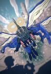  blurry blurry_background day derivative_work digimon digimon_adventure flying highres kabuterimon motion_blur no_humans open_mouth outdoors procreate_(medium) robbit_(raven20135086) screencap_redraw sharp_teeth solo teeth 