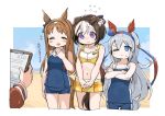  1other 3girls animal_ears bare_shoulders bikini bikini_skirt blue_eyes blue_one-piece_swimsuit blush_stickers breasts brown_hair clipboard closed_eyes closed_mouth cropped_legs crossed_arms ear_down flying_sweatdrops frown grass_wonder_(umamusume) grey_hair hand_up highres horse_ears horse_girl horse_tail long_hair multiple_girls one-piece_swimsuit one_eye_closed open_mouth own_hands_together school_swimsuit short_hair small_breasts smile spawnfoxy special_week_(umamusume) standing sweatdrop swimsuit tail tamamo_cross_(umamusume) tracen_swimsuit trainer_(umamusume) translation_request umamusume v_arms yellow_bikini 