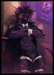  absurd_res anthro blue_eyes bow_tie clothing crossed_arms cuffs_(clothing) dragon glowing glowing_body glowing_eyes hair hi_res horn jacket leg_strap looking_at_viewer male matias_(theeldermousescrolls) mostly_nude nerton purple_body purple_scales scales sharp_teeth slit smile smiling_at_viewer solo standing tail tail_tuft teeth topwear tuft 