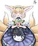  1girl :d absurdres animal_ear_fluff animal_ears apron arknights bare_shoulders blonde_hair blue_hairband blush bouquet braid closed_eyes commentary english_commentary facing_viewer flower fox_ears fox_girl fox_tail hair_rings hairband highres holding holding_bouquet kitsune lily_of_the_valley multicolored_hair name_connection object_namesake pink_flower pleated_skirt purple_skirt rylaera shirt signature simple_background skirt smile solo suzuran_(arknights) tail twin_braids two-tone_hair white_apron white_background white_flower white_hair white_shirt 