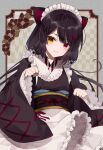  1girl :d animal_ears apron ariko_youichi brown_hair dog_ears dog_girl frilled_apron frilled_kimono frills heterochromia highres inui_toko inui_toko_(1st_costume) japanese_clothes kimono long_hair long_sleeves looking_at_viewer maid maid_headdress nijisanji obi open_mouth paw_pose red_eyes sash smile solo virtual_youtuber wa_maid white_apron wide_sleeves yellow_eyes 