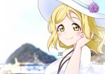  1girl absurdres blonde_hair blush closed_mouth commentary_request flower hand_up hat hat_flower highres looking_at_viewer love_live! love_live!_sunshine!! medium_hair ohara_mari outdoors portrait shirt smile solo white_headwear white_shirt yellow_eyes zero-theme 