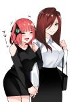  2girls :d ^_^ absurdres bag bare_shoulders black_bag black_ribbon black_shirt black_skirt blue_eyes blunt_bangs blush breasts brown_hair butterfly_hair_ornament closed_eyes closed_mouth commentary_request cowboy_shot dress_shirt go-toubun_no_hanayome hair_ornament hair_over_one_eye hair_ribbon hand_up handbag happy heart highres holding_hands large_breasts lips long_hair long_sleeves looking_at_another mame1645 medium_hair miniskirt mother_and_daughter multiple_girls nakano_nino nakano_rena one_eye_covered open_mouth pencil_skirt red_hair ribbon shirt skirt smile standing straight_hair two_side_up white_shirt 