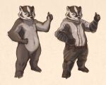  anthro badger claws clothed clothing featureless_chest featureless_crotch female fully_clothed fur furrykxc gesture grey_body grey_eyes grey_fur hi_res keshenna_honina mammal model_sheet mustelid musteline nude simple_background solo tan_background thumbs_up 