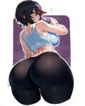  1girl ? artist_name ass ass_focus back bare_shoulders black_hair blue_eyes bottle breasts crop_top curvy from_behind glooz_art highres huge_ass kill_la_kill large_breasts looking_at_viewer looking_back matoi_ryuuko multicolored_hair pants pantylines red_hair short_hair skin_tight sleeveless solo streaked_hair thick_thighs thighs tight_clothes tight_pants water_bottle wide_hips workout_clothes yoga_pants 