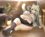  animal_humanoid arknights belly big_belly big_breasts blush bottomwear breasts cakecatboy cat_humanoid cleavage clothed clothing crossed_legs felid felid_humanoid feline feline_humanoid female green_hair grey_eyes hair hand_behind_head harmonie_(arknights) hi_res huge_breasts humanoid hypergryph looking_at_viewer lying mammal mammal_humanoid navel on_side overweight overweight_female overweight_humanoid smile solo studio_montagne tail thick_thighs topwear torn_clothing wardrobe_malfunction 
